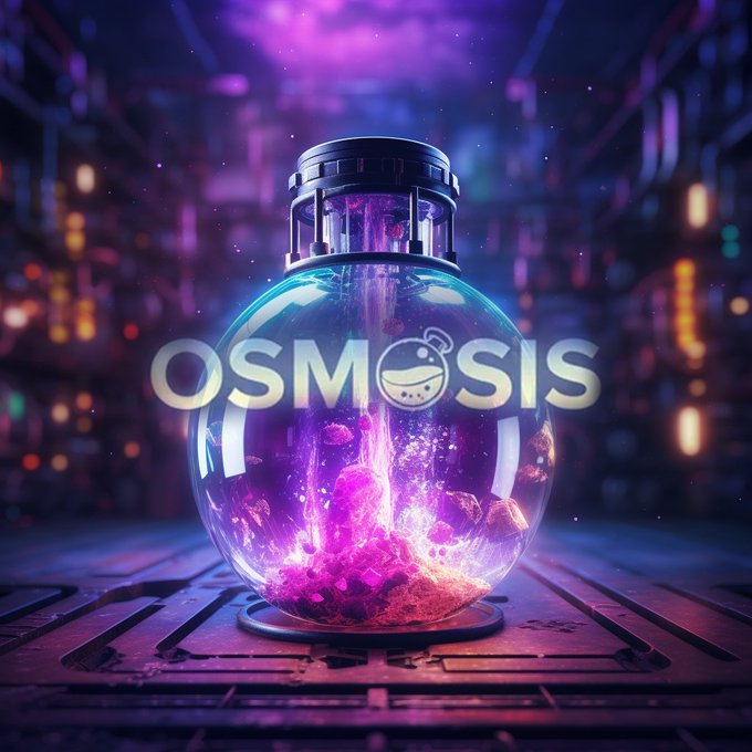 A glowing glass potion bottle filled with swirling purple liquid and crystals sits on a metallic surface, with the word 'OSMOSIS' overlaid across the center.