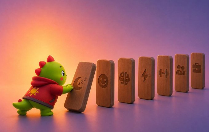 A 3D-rendered green cartoon dinosaur character in a red hoodie pushes a wooden tile block engraved with a 'Zzz' sleep icon, starting a sequence showing icons for mood, brain, energy, workout, people, and work.