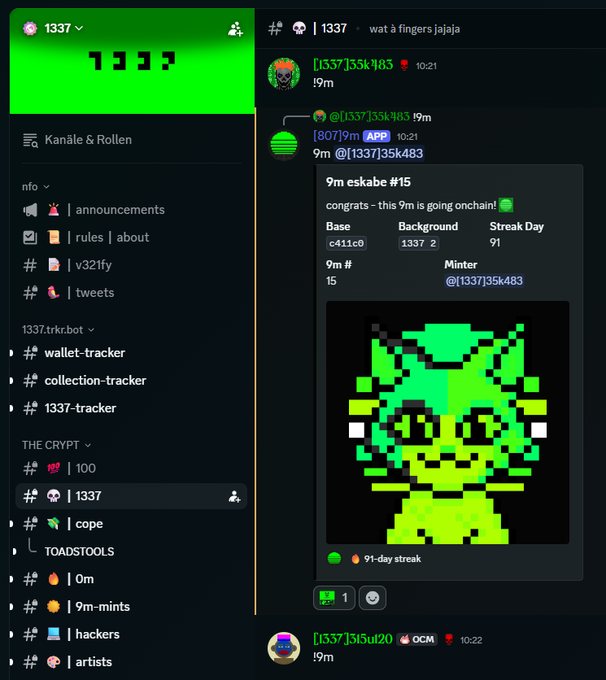 A screenshot of the Discord app showing the '1337' server with channels like 'memes' and 'hackers', and a chat message from '1337' announcing '9m eskabe #15' with a pixel art image of a green character.
