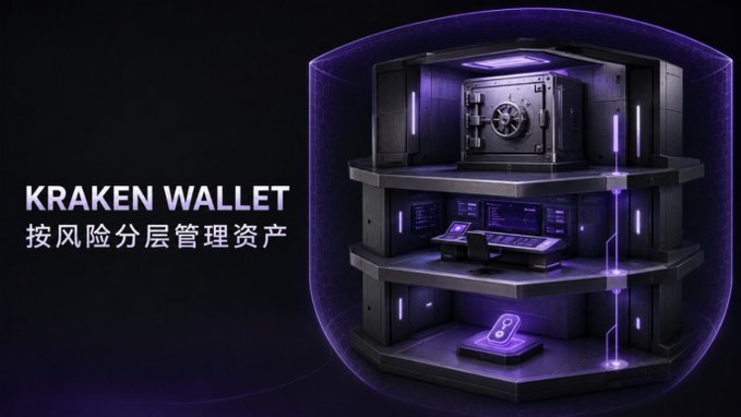 The image shows a futuristic, vault-like structure with purple neon lighting, containing a large safe on the top level, monitoring consoles in the middle, and a key on the bottom shelf — visually representing Kraken Wallet's tiered asset management. The text reads "KRAKEN WALLET" alongside Chinese characters "按风险分层管理资产" (risk-tiered asset management), illustrating the post's point about organizing funds by risk level rather than using a single seed phrase for everything.