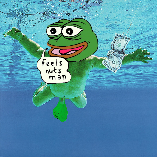 A photoshopped image of the 'Feels Guy' Pepe the Frog meme edited onto a body underwater, reaching toward a one hundred dollar bill on a fishing line.