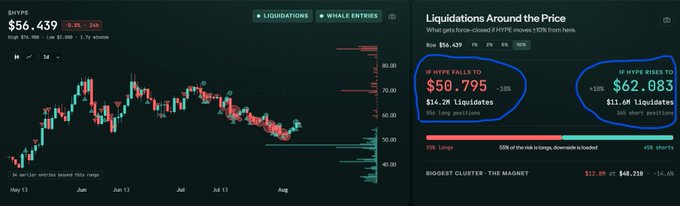A financial dashboard displays $HYPE trading at $56.439 with a candlestick chart and liquidation data showing $14.29M at risk if the token falls -10% to $50.795 versus $11.6M liquidated if it rises +10% to $62.083, supporting the author's prediction of a downward move to the $50.795 support level based on weak trading volume.