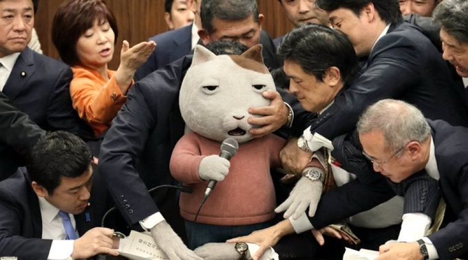 A costumed cat mascot holds a microphone while being swarmed by suited officials in what appears to be a chaotic Japanese parliamentary scene, with one person holding a document labeled "NHK" — the meme playfully recasts the absurd moment as a discovery of "$KET," playing on the feline costume resembling a crypto/token mascot hype moment.