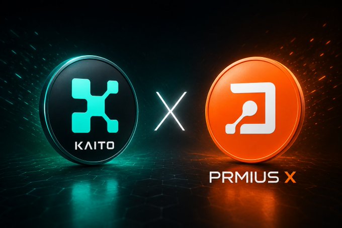 The image shows a stylized graphic featuring two circular icons: a teal-colored "KAITO" logo on the left and an orange "PRMIUS X" logo on the right, separated by a white "X" symbol against a dark, glowing background. The graphic represents a collaboration or partnership between Kaito and Primus X, visually aligning with the post's discussion of Primus Labs addressing institutional privacy needs in crypto beyond just mixers and personal transactions.