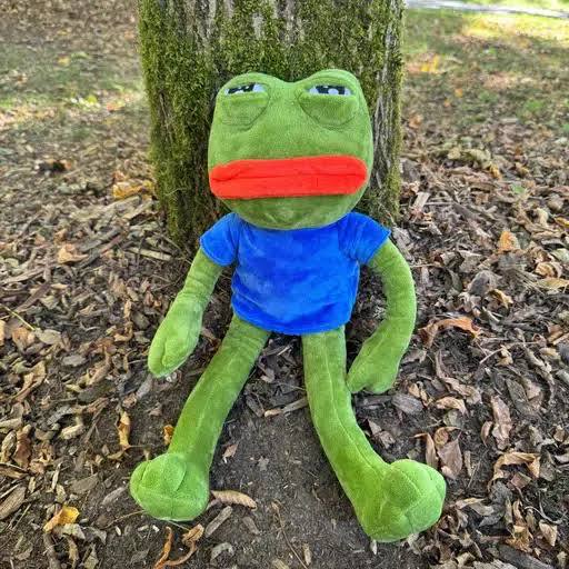 A plush Sad Frog Pepe in a blue t-shirt sits at the base of a tree, representing the viral TikTok character celebrated in the post as the newest onboarded creator.