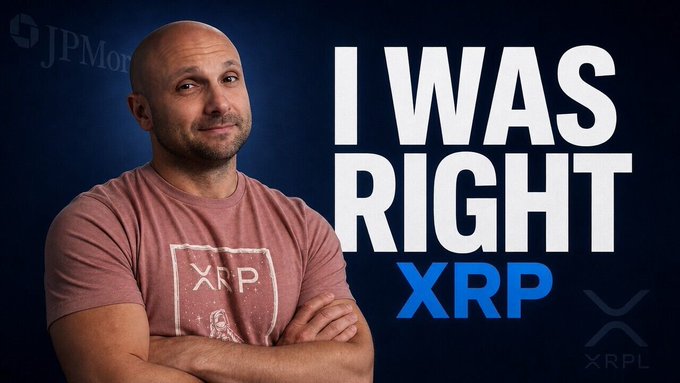 A bald man wearing a red "XRP" t-shirt stands with crossed arms in front of a dark blue background featuring the "JPMo..." logo and the large text "I WAS RIGHT" alongside a blue "XRP" label and XRPL logo, visually reinforcing the post's message about a significant JP Morgan update that validates XRP's potential.