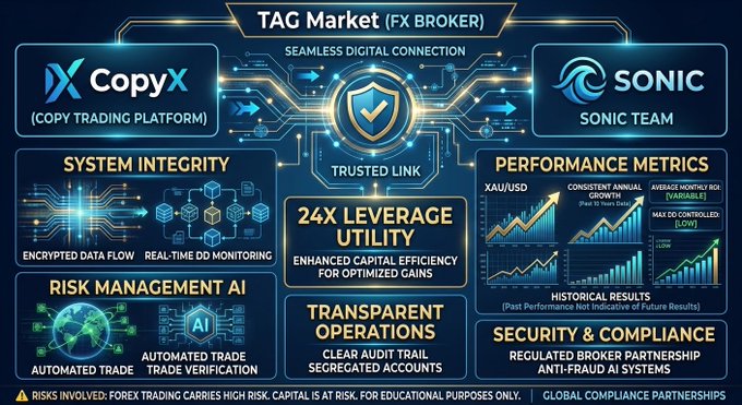 A promotional infographic for 'TAG Market (FX BROKER)' connecting CopyX and Sonic Team, highlighting features like 24X Leverage Utility, System Integrity, Risk Management AI, Transparent Operations, and Security & Compliance.