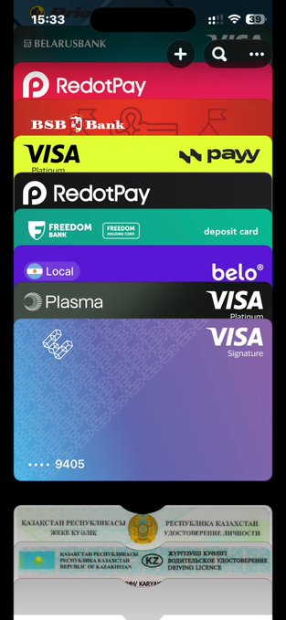 A mobile wallet screenshot showing a stack of digital payment cards including RedotPay, BSB Bank, Visa Platinum, Freedom Bank, Local Belo, and Plasma Visa Signature.