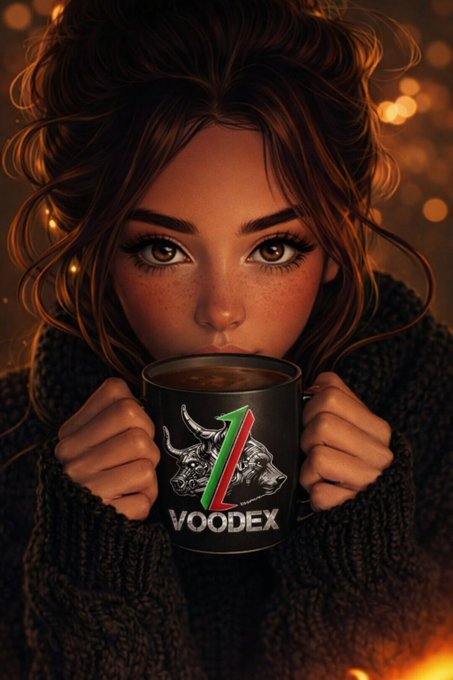 A digital illustration of a young woman with freckles holding a black mug labeled 'VOODEX' with a bull logo and a green arrow, set against a warm, bokeh-lit background.