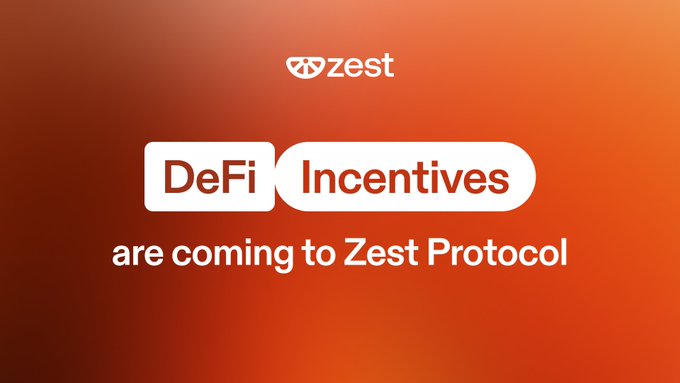The image displays a Zest Protocol announcement graphic with the text "DeFi Incentives are coming to Zest Protocol" against an orange gradient background, highlighting the protocol's new incentive program on the Stacks market.