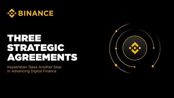 A Binance promotional graphic with the headline 'THREE STRATEGIC AGREEMENTS' and subtitle 'Kazakhstan Takes Another Step In Advancing Digital Finance' alongside a circular gold logo design.