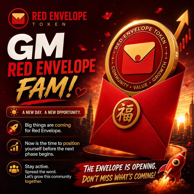 A vibrant promotional graphic for "Red Envelope Token" ($RE) featuring a gold coin emerging from a red Chinese-style envelope adorned with the character "福" (fortune), set against a sunset cityscape with an upward trending chart. Bold text reads "GM RED ENVELOPE FAM!" with calls-to-action like "A NEW DAY. A NEW OPPORTUNITY," "THE ENVELOPE IS OPENING. DON'T MISS WHAT'S COMING!" and bullet points encouraging community members to stay active, spread the word, and get positioned before the next phase, aligning with the post's message about the upcoming developments for $RE.