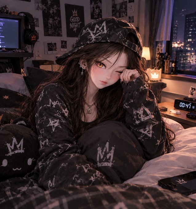 An anime-style illustration of a woman with long brown hair wearing a black hat and black clothing adorned with crown patterns, resting her head on her hand in a cozy room setting.