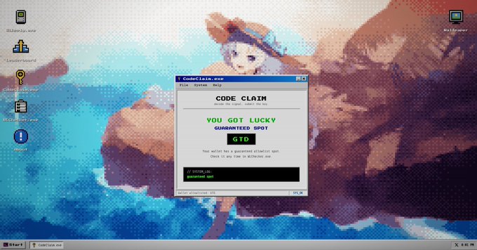 A retro Windows desktop with a pixel-art anime wallpaper displays a "CodeClaim.exe" pop-up claiming the user "GOT LUCKY" and was "GUARANTEED SPOT."