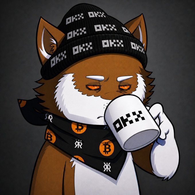 A cartoon fox character wearing a beanie and scarf branded with 'OKX' and Bitcoin logos, drinking from an OKX mug.