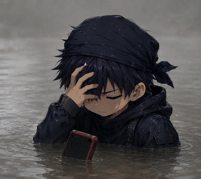 A young anime character wearing a black bandana stands chest-deep in muddy water, eyes closed with one hand pressed to his forehead in visible frustration, while his red-cased phone barely stays above the waterline. The image humorously captures the post's lament about being "sidelined"—missing out on the Ansem crypto trade while investing in SOL instead, with the character drowning in regret (and water) as his only lifeline, the phone, slips away.