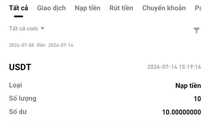 A Vietnamese cryptocurrency transaction history page in dark mode showing a USDT deposit of 10 units with a balance of 10.00000000, dated 2026-07-14 at 15:19:16, with tabs for Tất cả, Giao dịch, Nạp tiền, Rút tiền, and Chuyển khoản.