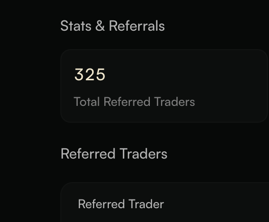 Dark-themed dashboard panel showing 'Stats & Referrals' with a metric of 325 'Total Referred Traders' under a 'Referred Traders' section.