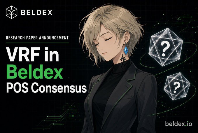 An anime-style promotional graphic for BELDEX announcing a research paper on 'VRF in Beldex POS Consensus' at beldex.io.