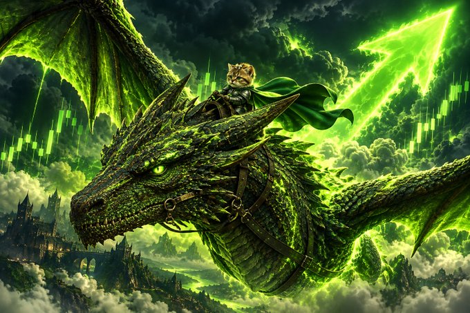 A fantasy artwork features a small cat warrior wearing armor and a green cape, riding atop a massive green dragon with glowing eyes amidst stormy clouds.