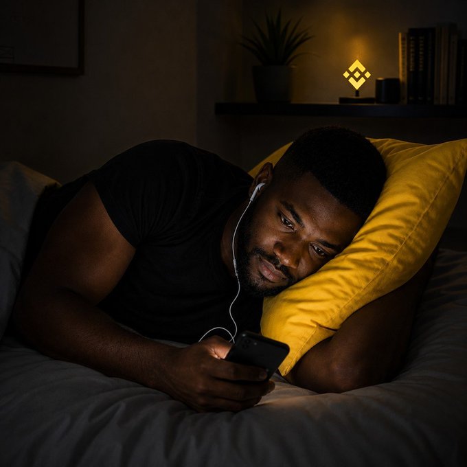 A man lies in bed with wired earbuds in, intently looking at his smartphone in a dimly lit room. A Binance logo glows softly on a shelf in the background, fitting the caption "checking charts before bed."