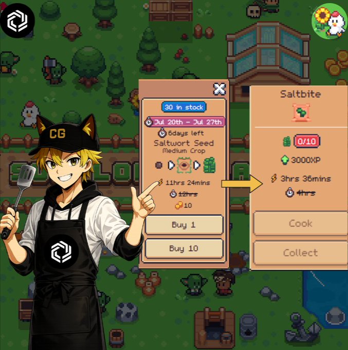 A screenshot of a pixel-art farming game showing an anime chef character with a spatula, displaying an in-game shop for 'Saltwort Seed' and a recipe for 'Saltbite'.