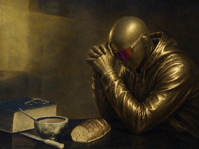 A bald, gold-painted figure in sunglasses sits hunched in prayer at a table with bread, soup, a Bible, and glasses—evoking a contemporary, surreal reimagining of a devotional scene that mirrors the post's cryptic, algorithmic appeal to niche digital subcultures.