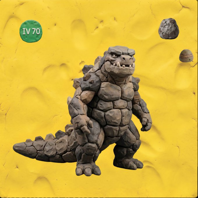 A 3D-rendered rock monster figure standing on a yellow sandy surface, with a green circle badge in the corner reading 'IV 70'.