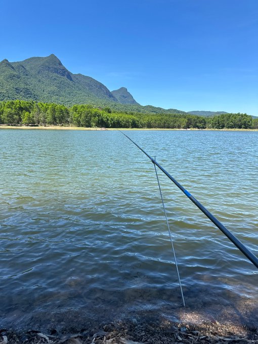 The image shows a fishing rod with a fish attached, floating in a body of water near mountains. The photo has been edited to make it appear as if there are two people standing next to each other by adding text that says "Mời các sư huynh check $HYPE Đây là hình động được thực hiện bởi chuyên gia." The image is related to the post because it features a fishing rod and fish, which are elements commonly associated with fishing.