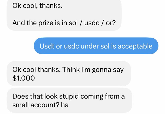 A text message exchange shows someone offering a giveaway prize denominated in SOL/USDC/USDT, confirming USDT or USDC on the SOL network is acceptable, before settling on a $1,000 giveaway amount and joking about whether the amount seems small for their account size.