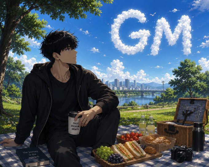 An anime-style illustration shows a dark-haired man sitting on a picnic blanket with food and a camera, looking toward the sky where clouds form the word 'OM'.