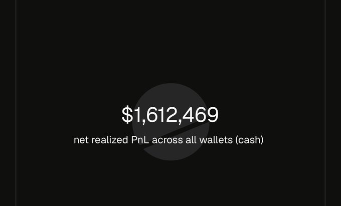 The image displays the figure "$1,612,469" with the caption "net realized PnL across all wallets (cash)," highlighting the total realized trading profit associated with the $ANSEM token's Andromeda airdrop.