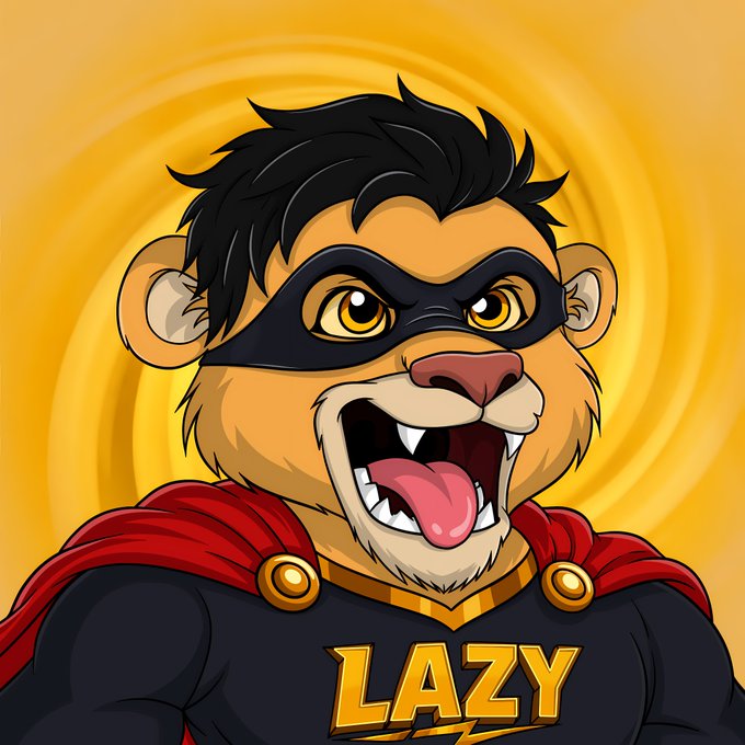A cartoon-style illustration of a fierce-looking lion or feline character wearing a black superhero mask, a red cape, and a shirt labeled 'LAZY' against a yellow swirled background.