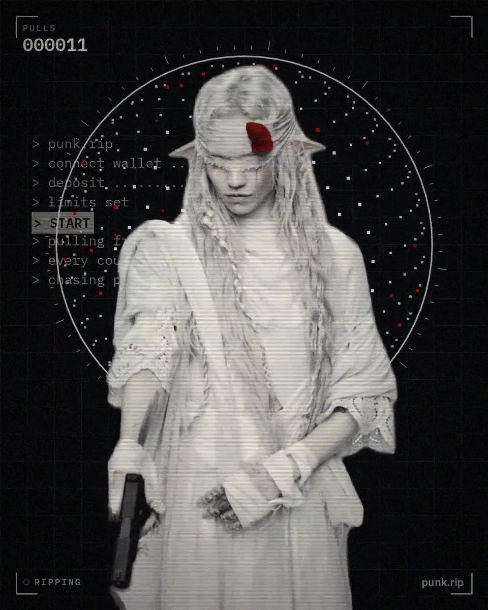 A glitch-art style digital illustration of an elf-like figure holding a gun, styled as a terminal interface with 'PULLS 000011', 'START', and 'punk.rip' text.