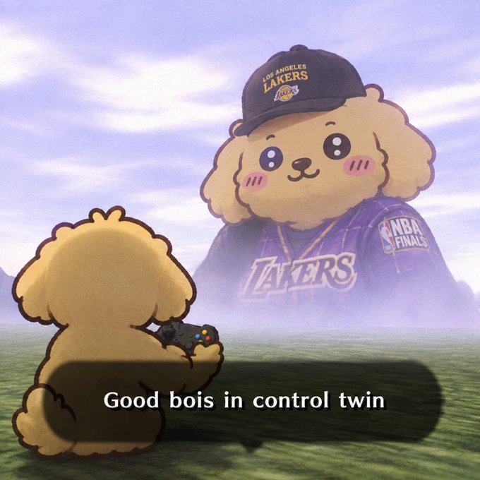 A meme showing a cartoon dog holding a game controller, facing a giant Lakers mascot version of itself wearing an 'NBA Finals' jersey, with the caption 'Good bois in control twin'.