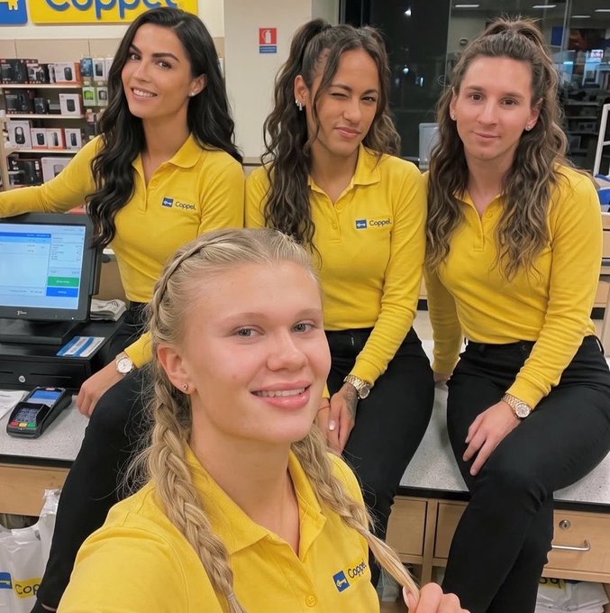 Four young women in yellow Coppel-branded polo shirts pose together at a retail checkout counter, with the "Coppel" logo visible on their uniforms and the store's signage in the background.

The image shows a Coppel store team selfie, but the caption requesting to "remove the girl who looks like a blackjack dealer" doesn't quite fit—none appear to be dressed as a dealer; they're wearing matching retail employee uniforms.