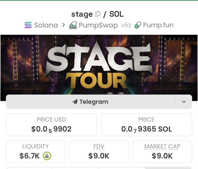 The image shows a token page for "stage / SOL," a Solana-based token traded on PumpSwap via Pump.fun, priced at $0.059902 USD (0.079365 SOL) with a market cap of $9K and liquidity of $6.7K. The accompanying post promotes the "Stage Tour" token as a frontrun opportunity ahead of a December 10th game release, referencing a viral music game concept with 90+ licensed songs.