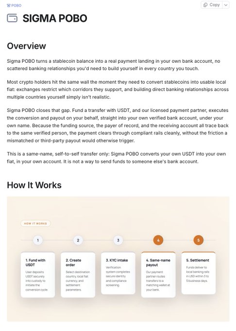 A product overview page for "SIGMA POBO" explaining how it converts stablecoin balances into real fiat payments in bank accounts, with a 5-step "How It Works" diagram.