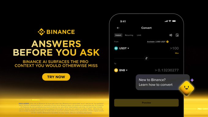 A Binance promotional graphic reads “ANSWERS BEFORE YOU ASK” and “BINANCE AI SURFACES THE PRO CONTEXT YOU WOULD OTHERWISE MISS,” alongside a phone displaying a USDT-to-BNB Convert screen. It illustrates Binance’s AI-native finance tools helping users understand markets and convert crypto.
