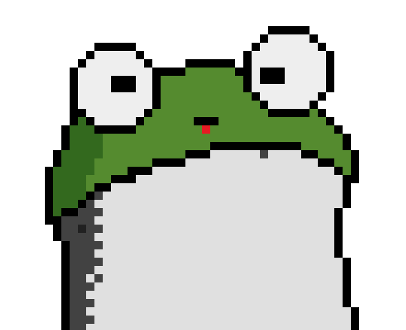 A pixel art illustration of a green frog-like character with large white eyes and a small red tongue on a white background.