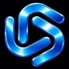 A glossy blue metallic logo featuring intertwined curved shapes on a black background.