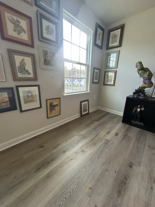 An empty room with a window, decorated with multiple framed pictures of dinosaurs on the left wall and other artworks, featuring light wood flooring and a statue of a character on a black pedestal.