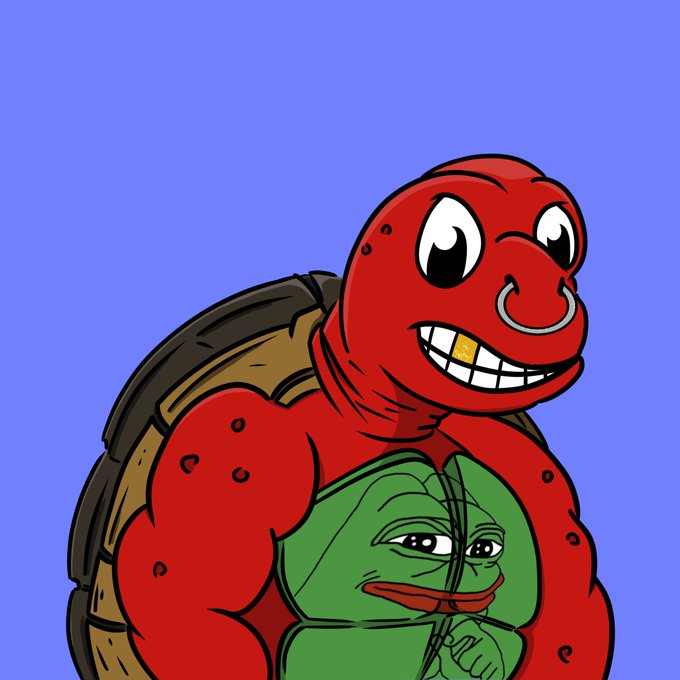 A cartoon illustration of a muscular red turtle with a nose ring and a gold tooth holding a green Pepe the Frog against a blue background.