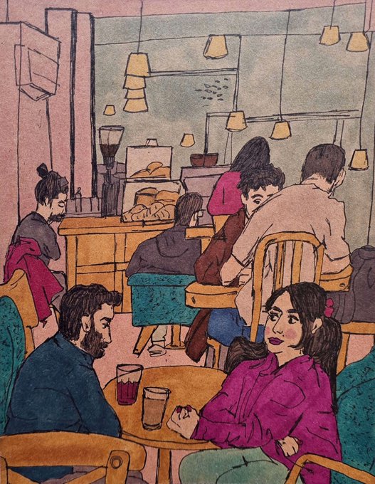 A watercolor-style illustration of a busy café scene, focusing on a man and a woman with dark hair sitting at a small table with drinks, surrounded by other patrons and warm lighting.