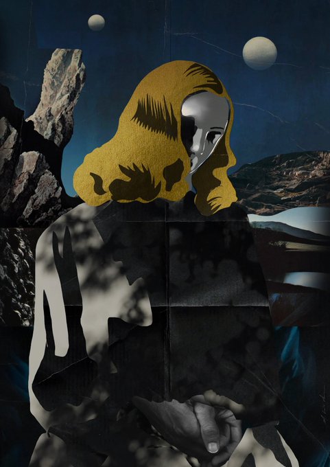 A surreal collage art piece featuring a figure with a metallic mask and yellow hair against a dark landscape with rocks and celestial bodies.