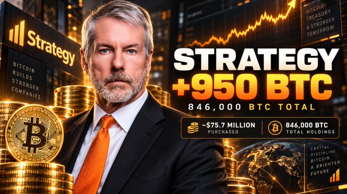 A promotional graphic shows a bearded man in a suit beside the text 'STRATEGY +950 BTC' and '846,000 BTC TOTAL', with '$75.7 MILLION PURCHASED' and stacked gold Bitcoin coins.