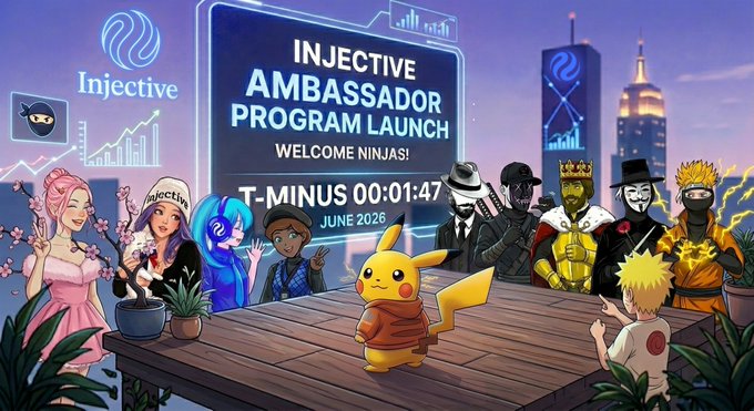 The image features a cartoon Pokemon character named Pikachu standing at a table surrounded by people. The group consists of various characters such as a girl with pink hair, a boy wearing a black hat, and another boy dressed in a suit. They are all gathered around a sign that says "Injective Ambassador Program Launch" and has the date "June 1st, 2023". The Pokemon character is positioned on the table, ready to welcome everyone present for this special event.