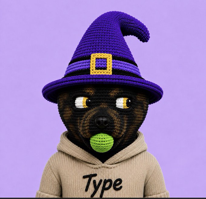 A crocheted dog character wearing a purple witch hat and a beige hoodie with the word 'Type' sits against a lavender background.