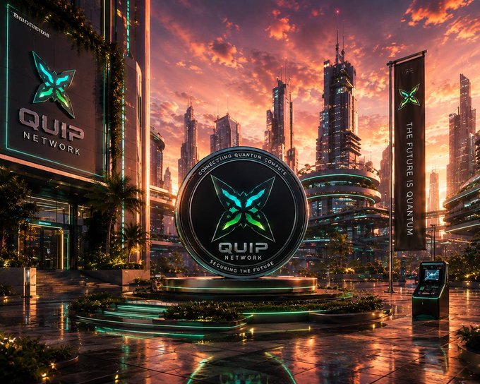 A futuristic cityscape at sunset featuring a large glowing 'QUIP NETWORK' emblem reading 'CONNECTING QUANTUM COMPUTE' and 'SECURING THE FUTURE,' with banners stating 'THE FUTURE IS QUANTUM.'