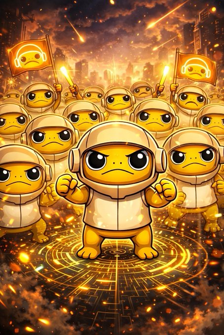 In the image, a group of cartoon characters wearing white helmets are standing together with their arms raised high above their heads. The characters include a yellow frog, a yellow bird, and other cartoon figures. They appear to be united as they face an unseen threat or challenge. The text in the caption reads "The $TURBO army is standing strong, united, and ready for whatever comes next". This suggests that the characters are prepared to face any obstacles together, demonstrating their strength and determination as a team.